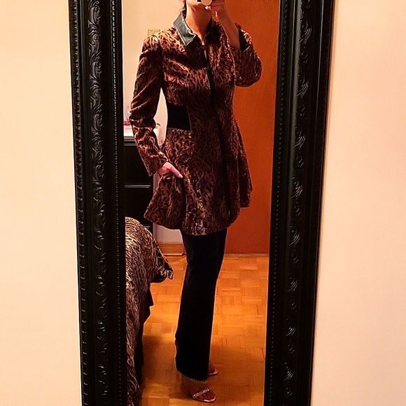 NWOT Faux-Fur Leopard Print Swing Coat, Faux-Leather Collar, Pockets! Peplum, S - Picture 10 of 17